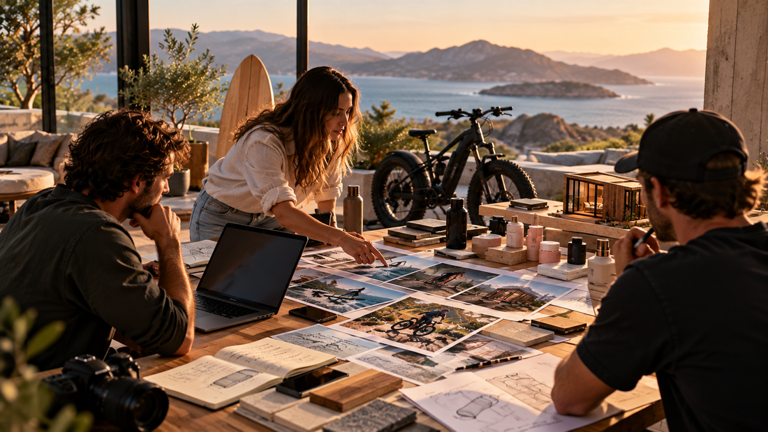 Équipe réunie autour d’une table de travail pour construire une marque, avec prototypes, esquisses et supports produits dans un studio ouvert sur la mer
