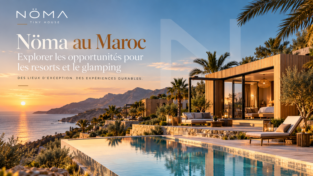 Hébergement modulaire haut de gamme dans un paysage côtier au coucher du soleil, illustration éditoriale des opportunités Nöma pour les resorts et le glamping